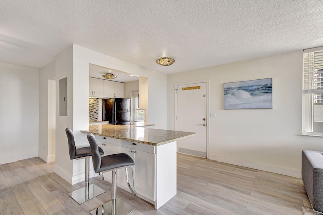 3640 N Ocean Dr Unit 427, Singer Island, FL 33404 - kitchen with freestanding refrigerator, electric panel, white cabinetry, a peninsula, and light wood-style floors