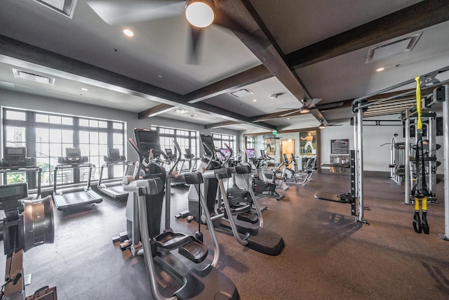 19404 Broad Shore Walk, Loxahatchee, FL 33470 - gym with ceiling fan, beamed ceiling, and recessed lighting