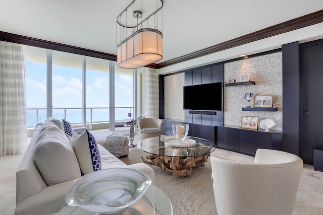 5050 N Ocean Dr Unit 1701, Singer Island, FL 33404 - living area with crown molding and a wall of windows