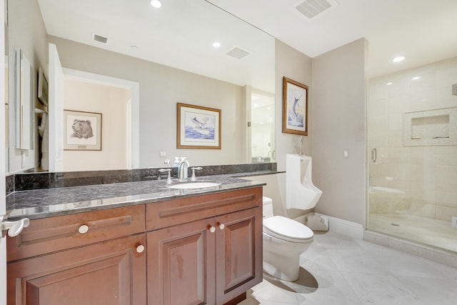 5050 N Ocean Dr Unit 1701, Singer Island, FL 33404 - full bathroom with toilet, a stall shower, vanity, baseboards, and tile patterned flooring