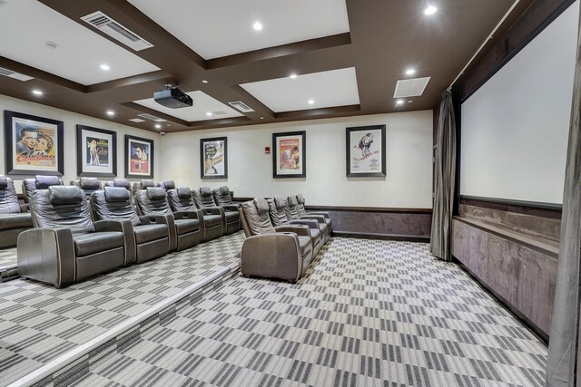 5050 N Ocean Dr Unit 1701, Singer Island, FL 33404 - home theater with light carpet, coffered ceiling, and recessed lighting