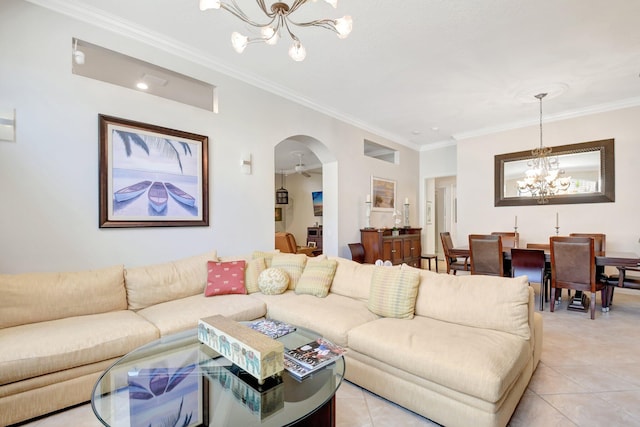 8127 Playa Del Sur Blvd, Lake Worth, FL 33467 - living area with a chandelier, arched walkways, crown molding, and light tile patterned floors