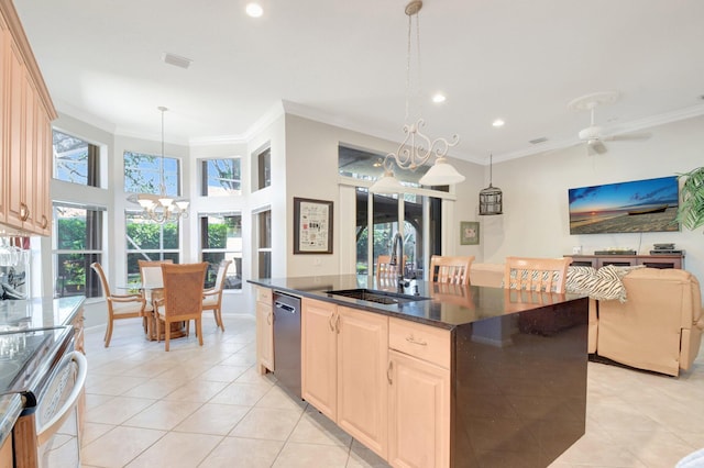8127 Playa Del Sur Blvd, Lake Worth, FL 33467 - kitchen with a sink, a chandelier, light tile patterned floors, appliances with stainless steel finishes, and crown molding