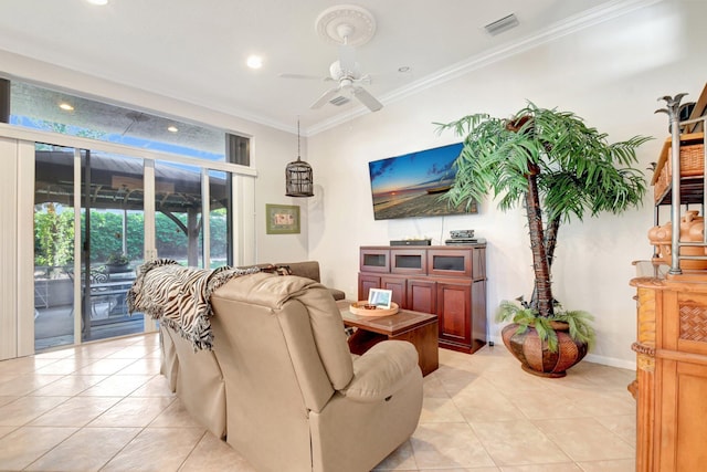 8127 Playa Del Sur Blvd, Lake Worth, FL 33467 - living area featuring crown molding, ceiling fan, light tile patterned floors, recessed lighting, and baseboards