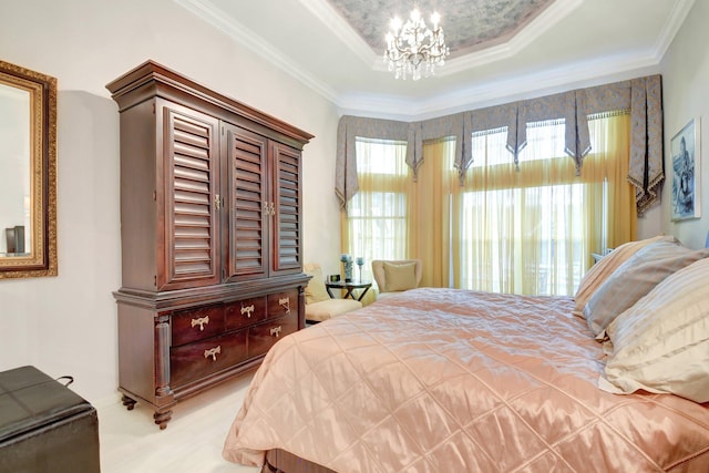 8127 Playa Del Sur Blvd, Lake Worth, FL 33467 - bedroom with a chandelier, a raised ceiling, and ornamental molding