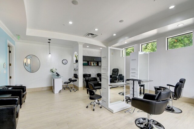 8127 Playa Del Sur Blvd, Lake Worth, FL 33467 - exercise room featuring light wood-style floors, a raised ceiling, recessed lighting, baseboards, and crown molding