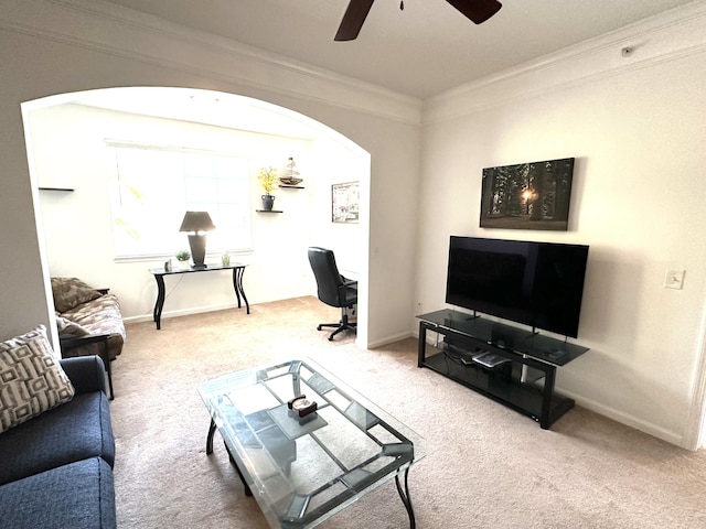 5205 Myrtlewood Cir E, Palm Beach Gardens, FL 33418 - living room featuring carpet, crown molding, a ceiling fan, arched walkways, and baseboards