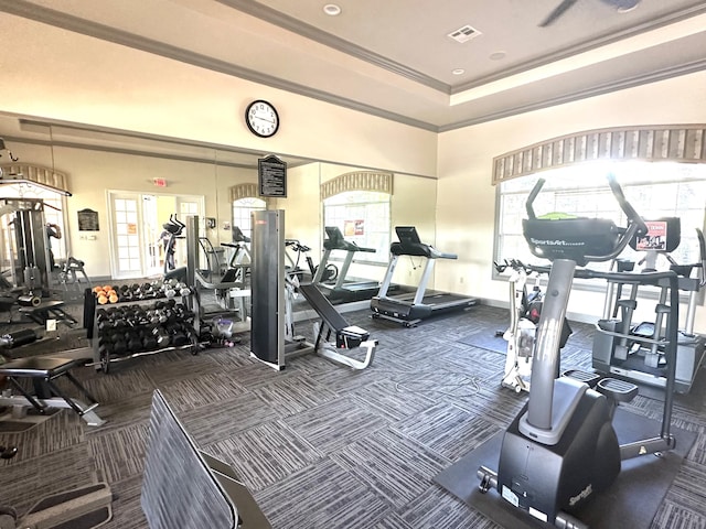 5205 Myrtlewood Cir E, Palm Beach Gardens, FL 33418 - exercise room with ornamental molding and carpet flooring