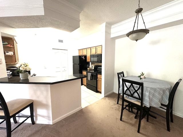 5205 Myrtlewood Cir E, Palm Beach Gardens, FL 33418 - kitchen featuring black appliances, dark countertops, a peninsula, light colored carpet, and a textured ceiling