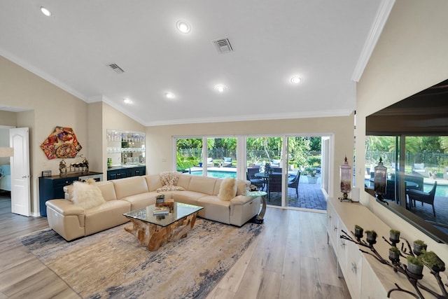 4164 Saint Andrews Dr, Boynton Beach, FL 33436 - living area with lofted ceiling, light wood-style floors, recessed lighting, and crown molding