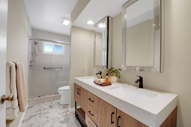 4164 Saint Andrews Dr, Boynton Beach, FL 33436 - full bathroom featuring double vanity, a stall shower, and marble look tiles