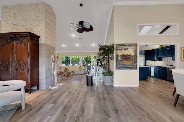 4164 Saint Andrews Dr, Boynton Beach, FL 33436 - living room with a ceiling fan, crown molding, light wood-style floors, high vaulted ceiling, and recessed lighting