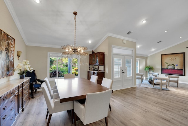 4164 Saint Andrews Dr, Boynton Beach, FL 33436 - dining area with a chandelier, light wood-style floors, ornamental molding, recessed lighting, and french doors