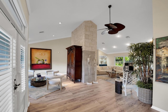 4164 Saint Andrews Dr, Boynton Beach, FL 33436 - living room with ceiling fan, light wood-type flooring, crown molding, and high vaulted ceiling