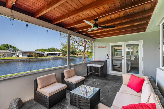 7307 NW 58th Ct, Tamarac, FL 33321 - sunroom with a water view, ceiling fan, an outdoor living space, and beamed ceiling