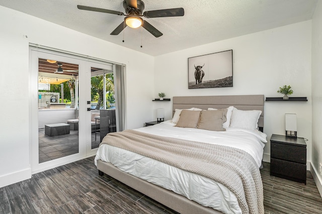 7307 NW 58th Ct, Tamarac, FL 33321 - bedroom featuring wood tiled floors, access to exterior, baseboards, a ceiling fan, and a textured ceiling