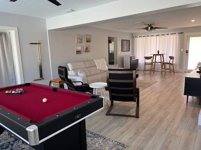 501 SE 13th Ct, Pompano Beach, FL 33060 - playroom featuring a ceiling fan, light wood finished floors, and billiards