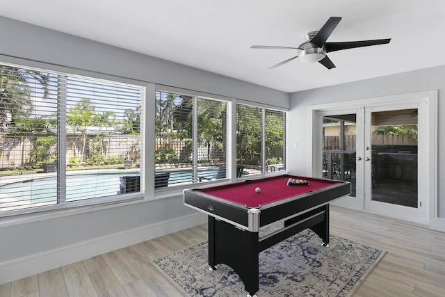 501 SE 13th Ct, Pompano Beach, FL 33060 - game room featuring french doors, billiards, a ceiling fan, light wood-type flooring, and baseboards