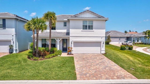 5322 Yellow Water Lily Ct, Lake Worth, FL 33467 - traditional-style home featuring stucco siding, decorative driveway, a front yard, a garage, and a tiled roof