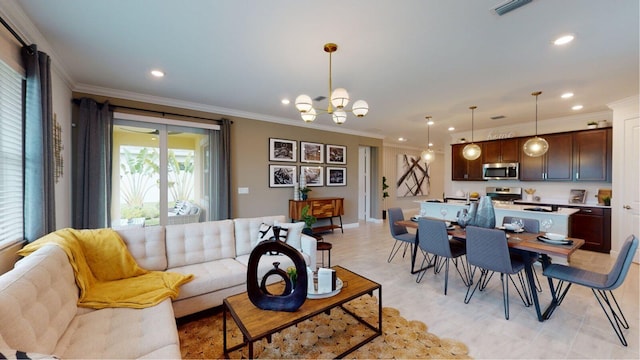 1097 SE Crosswood Way, Port Saint Lucie, FL 34984 - living room with a chandelier, crown molding, recessed lighting, and baseboards