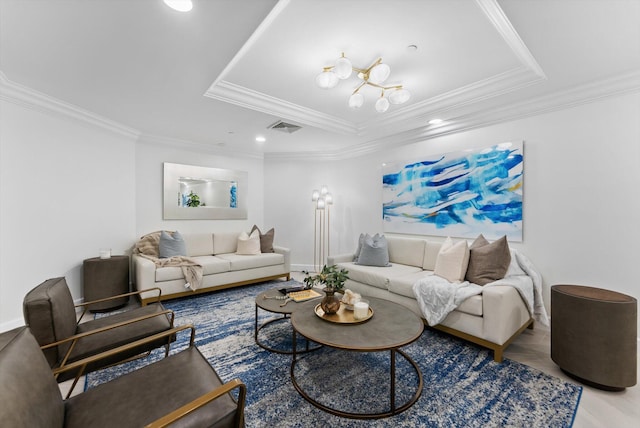 550 SE Mizner Blvd Unit B206, Boca Raton, FL 33432 - living area featuring a raised ceiling, ornamental molding, baseboards, recessed lighting, and wood finished floors
