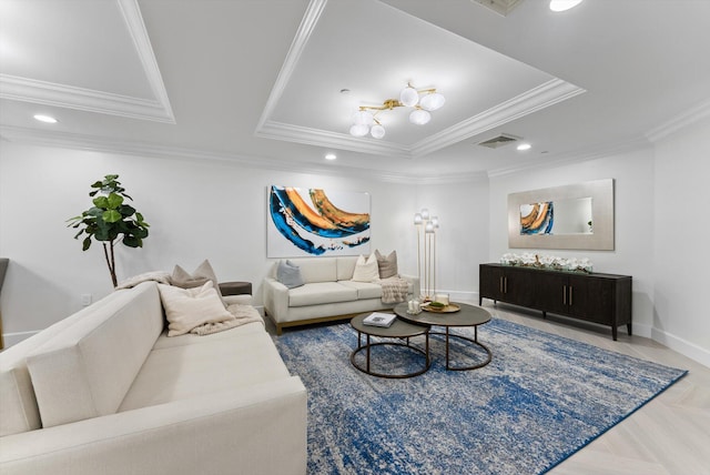 550 SE Mizner Blvd Unit B206, Boca Raton, FL 33432 - living room featuring attic access, ornamental molding, baseboards, and recessed lighting