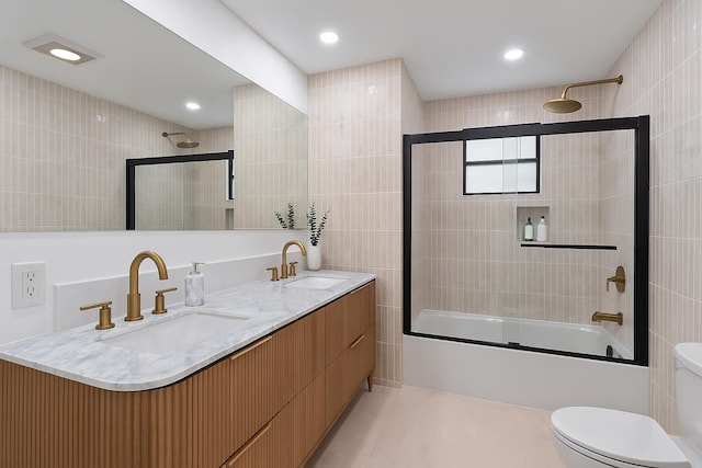 1517 NW 12th Ave, Fort Lauderdale, FL 33311 - full bathroom with toilet, shower / bathtub combination, double vanity, tile walls, and recessed lighting