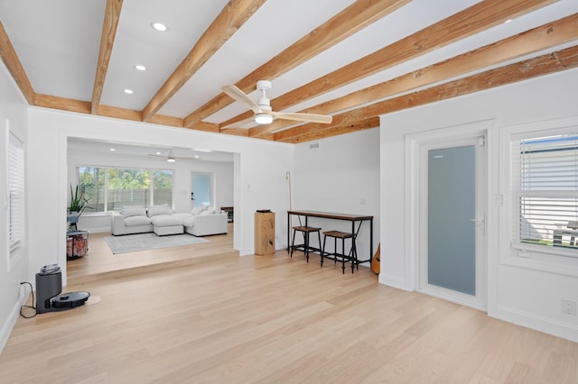 1517 NW 12th Ave, Fort Lauderdale, FL 33311 - living room with ceiling fan, beam ceiling, wood finished floors, recessed lighting, and baseboards