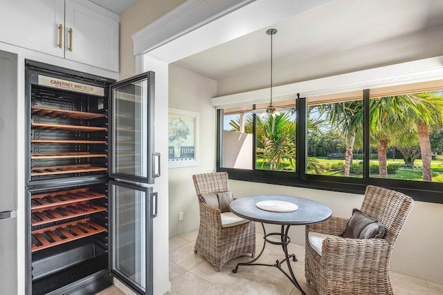 10739 Quail Covey Rd Azalea, Unit Azalea, Boynton Beach, FL 33436 - indoor bar featuring wine cooler, light tile patterned flooring, and decorative light fixtures