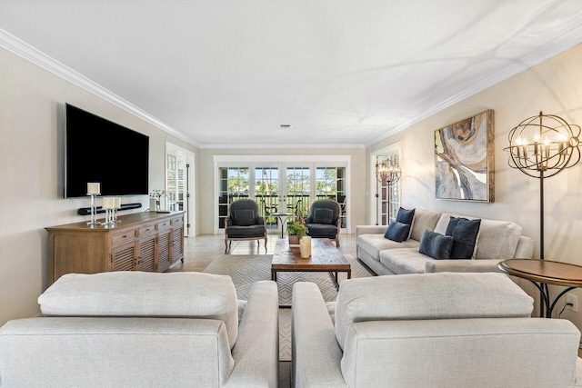 10739 Quail Covey Rd Azalea, Unit Azalea, Boynton Beach, FL 33436 - living area featuring crown molding, french doors, and a chandelier
