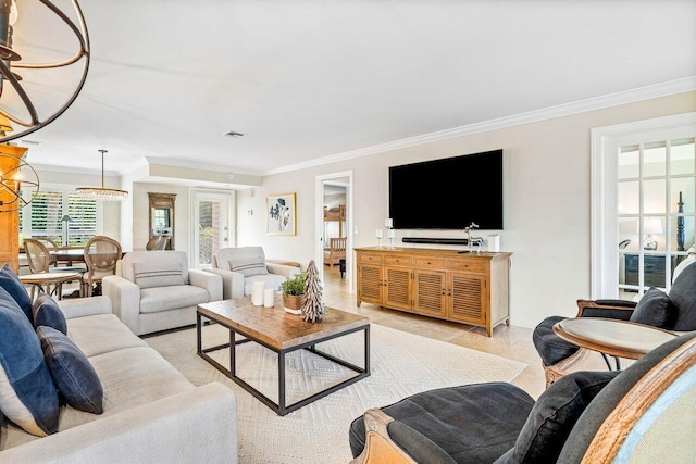 10739 Quail Covey Rd Azalea, Unit Azalea, Boynton Beach, FL 33436 - living area featuring ornamental molding, light tile patterned floors, and a chandelier