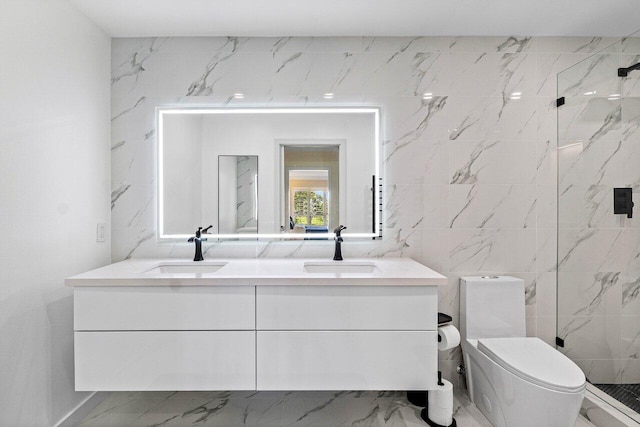 10739 Quail Covey Rd Azalea, Unit Azalea, Boynton Beach, FL 33436 - full bathroom with double vanity, marble look tile flooring, a marble finish shower, toilet, and tile walls