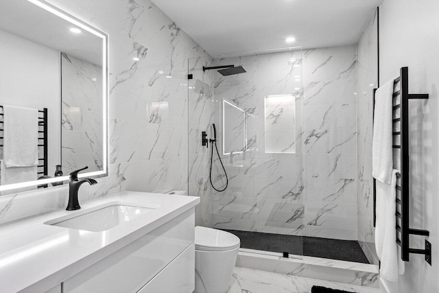 10739 Quail Covey Rd Azalea, Unit Azalea, Boynton Beach, FL 33436 - bathroom featuring a towel warming rack, vanity, toilet, recessed lighting, and radiator