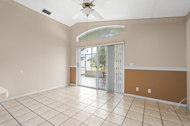 5618 Kingsmill Ct, Greenacres, FL 33463 - empty room featuring a ceiling fan, baseboards, light tile patterned flooring, and vaulted ceiling