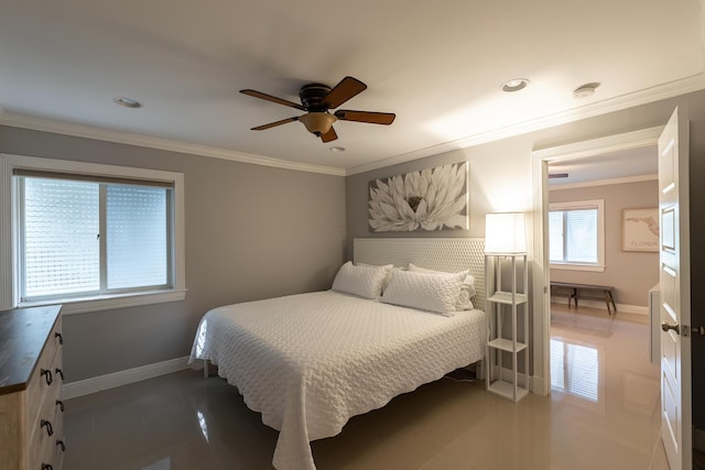 1809 Surfside Dr, Fort Pierce, FL 34949 - bedroom featuring light tile patterned floors, recessed lighting, crown molding, baseboards, and ceiling fan