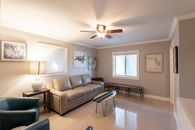 1809 Surfside Dr, Fort Pierce, FL 34949 - living area with ornamental molding, a ceiling fan, light tile patterned floors, and baseboards