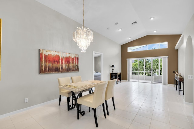 6563 Kings Creek Ter, Boynton Beach, FL 33437 - dining area with high vaulted ceiling, a chandelier, baseboards, and light tile patterned flooring