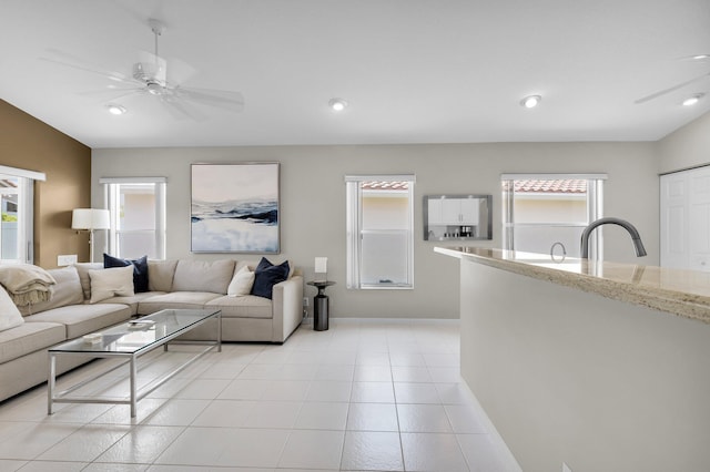 6563 Kings Creek Ter, Boynton Beach, FL 33437 - living room featuring healthy amount of natural light, a ceiling fan, recessed lighting, and baseboards