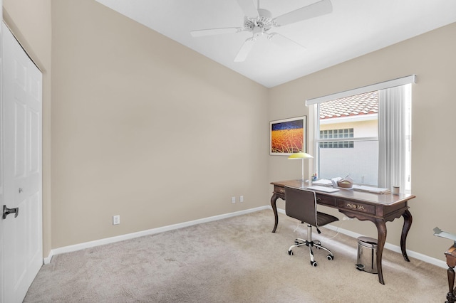 6563 Kings Creek Ter, Boynton Beach, FL 33437 - home office featuring light colored carpet, baseboards, ceiling fan, and lofted ceiling
