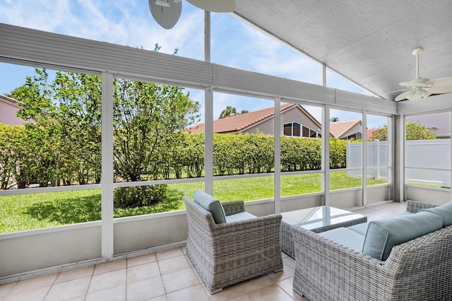 6563 Kings Creek Ter, Boynton Beach, FL 33437 - sunroom / solarium featuring ceiling fan, vaulted ceiling, outdoor lounge area, and healthy amount of natural light