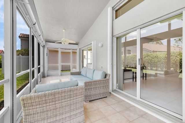 6563 Kings Creek Ter, Boynton Beach, FL 33437 - sunroom / solarium with ceiling fan, outdoor lounge area, and vaulted ceiling