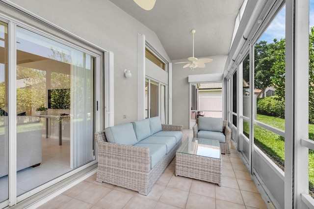 6563 Kings Creek Ter, Boynton Beach, FL 33437 - sunroom / solarium featuring a ceiling fan, vaulted ceiling, and outdoor lounge area