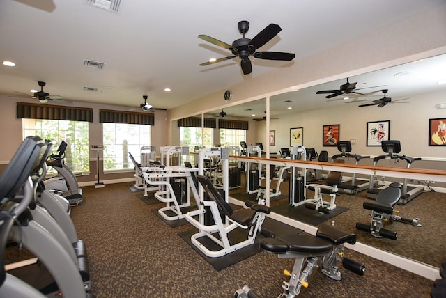 6563 Kings Creek Ter, Boynton Beach, FL 33437 - gym with recessed lighting, ceiling fan, baseboards, and carpet