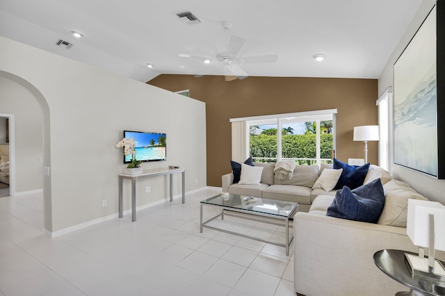6563 Kings Creek Ter, Boynton Beach, FL 33437 - living room featuring arched walkways, a ceiling fan, high vaulted ceiling, and light tile patterned floors