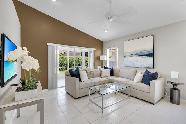6563 Kings Creek Ter, Boynton Beach, FL 33437 - living area featuring ceiling fan, high vaulted ceiling, light tile patterned flooring, baseboards, and recessed lighting