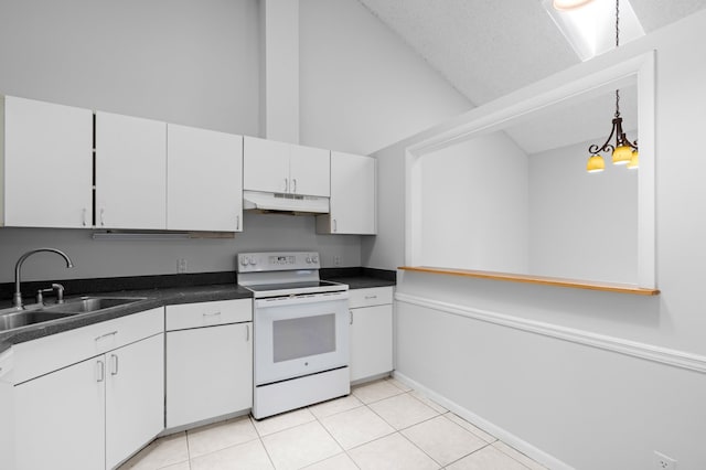 453 NE 38th St, Boca Raton, FL 33431 - kitchen with electric range, under cabinet range hood, a sink, white cabinetry, and dark countertops