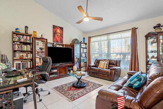 1345 SW 21st Ave, Boca Raton, FL 33486 - tiled living area with lofted ceiling, ceiling fan, and an office area