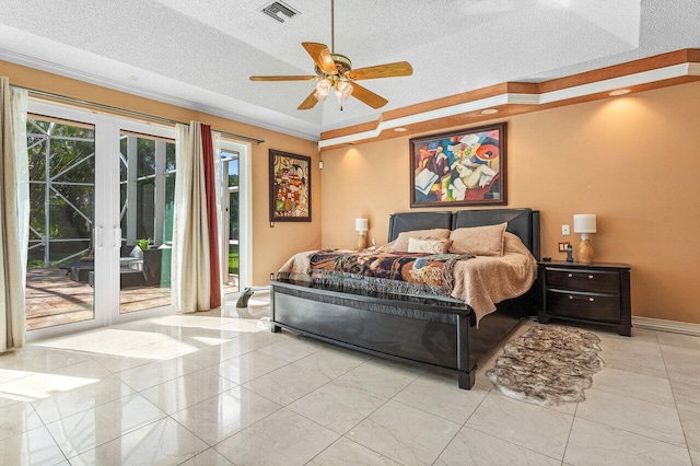1345 SW 21st Ave, Boca Raton, FL 33486 - bedroom with access to outside, a textured ceiling, baseboards, crown molding, and ceiling fan