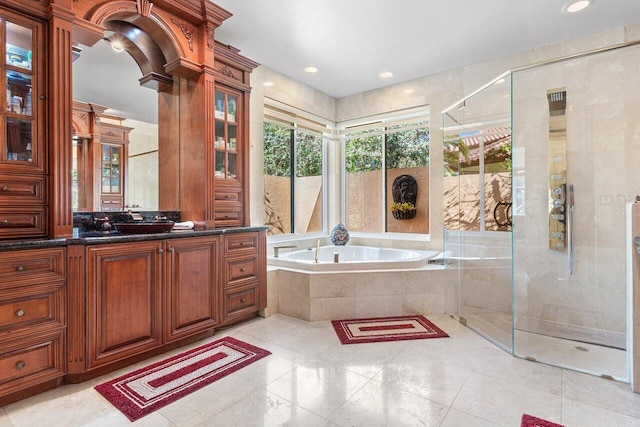 1345 SW 21st Ave, Boca Raton, FL 33486 - bathroom featuring a bath, a stall shower, vanity, and recessed lighting