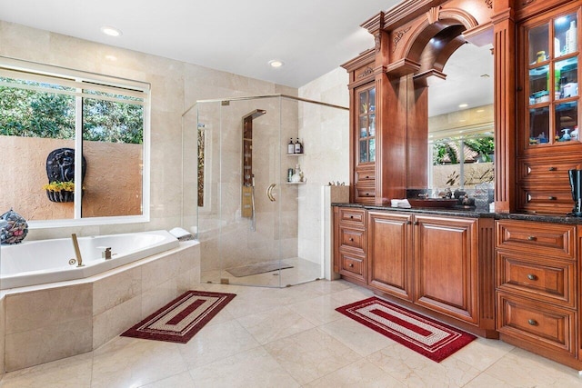 1345 SW 21st Ave, Boca Raton, FL 33486 - full bathroom with a garden tub, a shower stall, vanity, recessed lighting, and tile patterned flooring